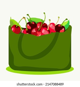 Ripe cherries in green reusable ecological bag. Vector illustration of ecology theme.