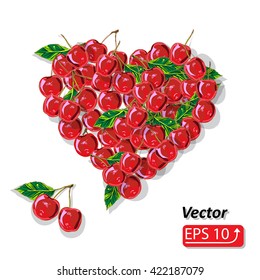 Ripe cherries in heart shape, isolated on white background vector illustration