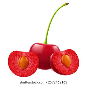 Ripe cherries isolated on a white background. Whole red cherry and half cherry with pit, realistic 3d vector illustration. Ripe of berries, glistening with vibrant hues.