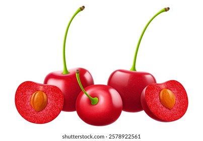 Ripe cherries isolated on a white background. Whole red cherry and half cherry with pit, realistic 3d vector illustration. Ripe of berries, glistening with vibrant hues.