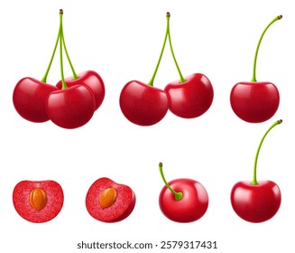 Ripe cherries isolated on a white background. Whole red cherry and half cherry with pit, realistic 3d vector illustration. Ripe of berries, glistening with vibrant hues.