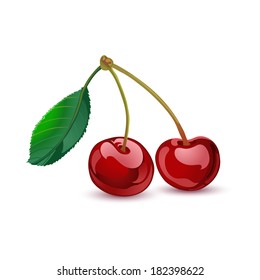 Ripe cherries with leaf isolated on white background