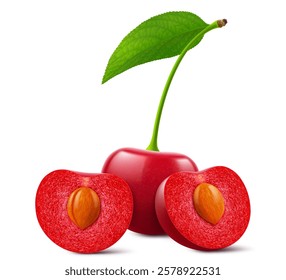 Ripe cherries with leaves isolated on a white background. Whole red cherry and half cherry with pit, realistic 3d vector illustration. Ripe of berries, glistening with vibrant hues.