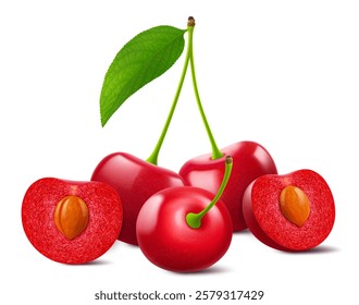 Ripe cherries with leaves isolated on a white background. Whole red cherry and half cherry with pit, realistic 3d vector illustration. Ripe of berries, glistening with vibrant hues.