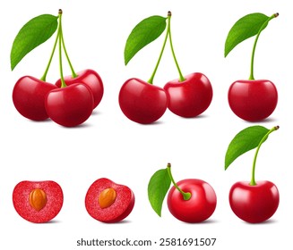 Ripe cherries with leaves isolated on a white background. Whole red cherry and half cherry with pit, realistic 3d vector illustration. Ripe of berries, glistening with vibrant hues.