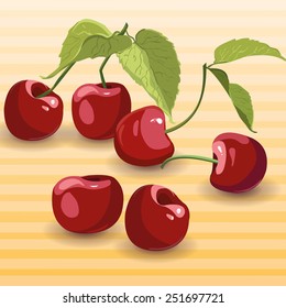 ripe cherries with leaves on the table