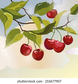 ripe cherries with leaves on the table