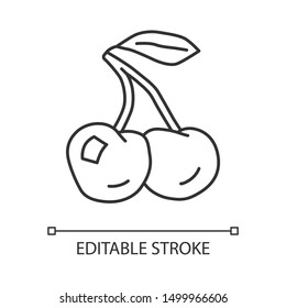 Ripe cherries linear icon. Fresh berries thin line illustration. Healthy food, vegetarian nutrition, vitamin diet contour symbol. Juice ingredient vector isolated outline drawing. Editable stroke
