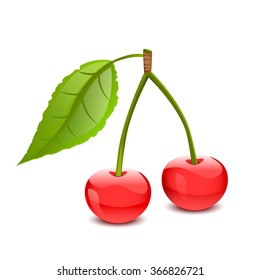 Ripe cherries on a branch with leaf on a white background