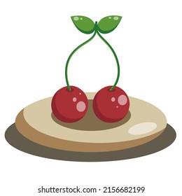 Ripe cherries on a plate. Vector flat illustration of a plate with berries.