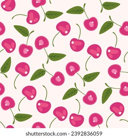 ripe cherries on a seamless printer. cherry harvest cute kawaii print