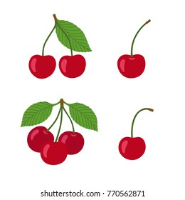 Ripe cherries on a white background. Berries with stems and green leaves.