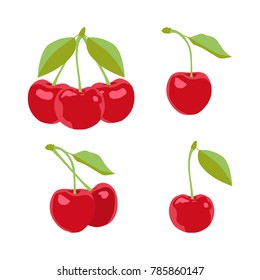 Ripe cherries on a white background. Berries with stems and green leaves.