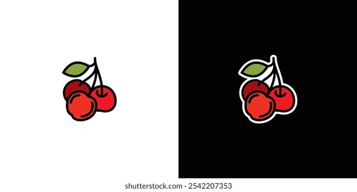 Ripe cherries on white and black background. Original vector illustration in vintage style. Hand drawn, not AI