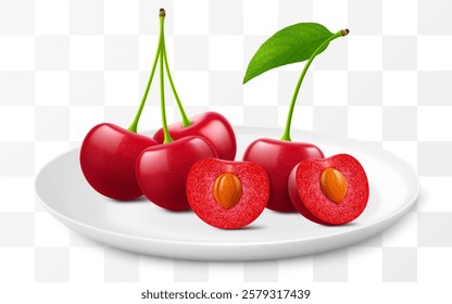 Ripe cherries on a white plate isolated on a transparent background. Whole red cherry and half cherry with pit. Healthy vitamin food. Realistic 3d vector illustration