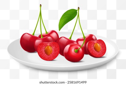 Ripe cherries on a white plate isolated on a transparent background. Whole red cherry and half cherry with pit. Healthy vitamin food. Realistic 3d vector illustration