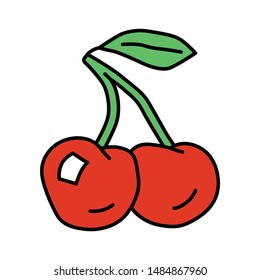 Ripe cherries red color icon. Organic antioxidant, fresh berries isolated vector illustration. Healthy food, vegetarian nutrition, vitamin diet symbol. Natural juice ingredient, delicious dessert