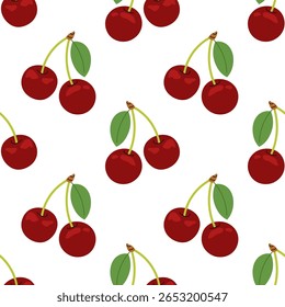 Cerejas maduras. Padrão sem costura de cerejas com folhas no fundo branco. Perfeito para projetos de verão, embalagens e têxteis. Frutas sazonais.