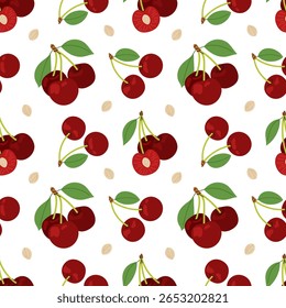 Cerejas maduras. Padrão sem costura de cerejas com folhas no fundo branco. Perfeito para projetos de verão, embalagens e têxteis. Frutas sazonais.