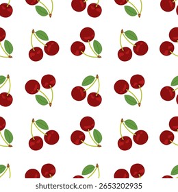 Cerejas maduras. Padrão sem costura de cerejas com folhas no fundo branco. Perfeito para projetos de verão, embalagens e têxteis. Frutas sazonais.