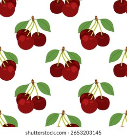 Cerejas maduras. Padrão sem costura de cerejas com folhas no fundo branco. Perfeito para projetos de verão, embalagens e têxteis. Frutas sazonais.