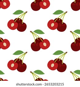 Cerejas maduras. Padrão sem costura de cerejas com folhas no fundo branco. Perfeito para projetos de verão, embalagens e têxteis. Frutas sazonais.