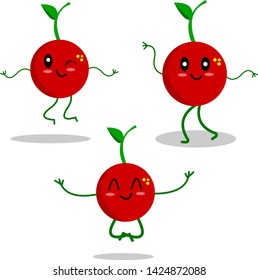 ripe cherries set of cartoon characters posing and active concept of summer and vitamins funny fruits