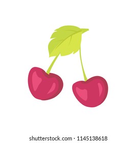 Ripe cherry berry on stem with leaf. Tasty juicy food grown on tree full of vitamins. Product from garden or orchard isolated vector illustration.