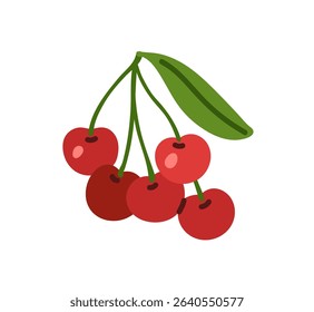 Ripe cherry branch icon. Fruit tree twig with red sour berries and leaves. Fresh farm food, orchard crop, garden harvest for healthy eating. Flat isolated vector illustration on white background