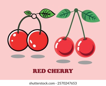 Ripe cherry fruit is red. Collection of vector illustrations.