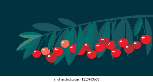 Ripe cherry fruit simple flat design element. Natural cherries fruit tree branch for header, card, invitation, poster, cover and other web and print design projects 