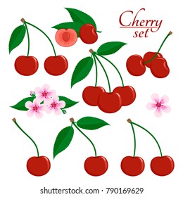 Ripe cherry with green leaves, cut cherry, sakura flower in flat style. Set of icons. Design for a label, poster, banner. Vector illustration.