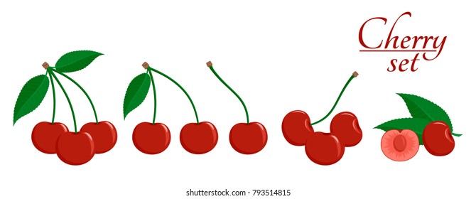 Ripe cherry with green leaves, cut cherry in flat style. Set of icons. Design for a label, poster, banner. Vector illustration.
