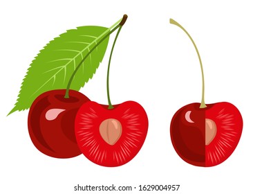 Ripe cherry, half cherry, cherry with a leaf isolated on white background