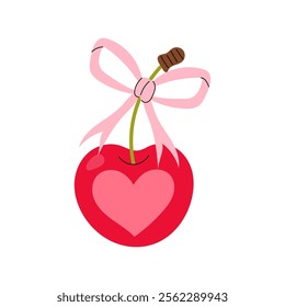 Ripe cherry with heart and pink bow. Fruits. Postcard, sticker, banner, poster for Valentines Day. Flat illustration on white background.