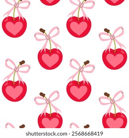 Ripe cherry with heart and pink bow. Seamless pattern for textile, wrapping paper, background.