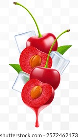 Ripe cherry and ice cubes with leaves in swirl motion. Composition of whole fresh cherries, whole and half of cherry berry, 3D realistic vector illustration isolated on transparent background.