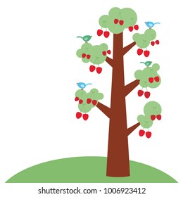 Ripe cherry large tree with a thick trunk, green leaves and ripe fruits, poultry on branches. Green grass. Isolated on white background. Vector