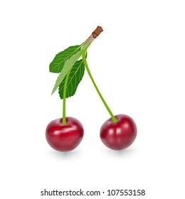 ripe cherry with leafs on white background
