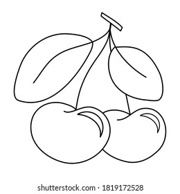 Ripe Cherry With Leaves, Lineart Sketch. Just A Childish Drawing, Coloring Book. Clipart Garden Fruit Cherry, Two Berries On A Branch