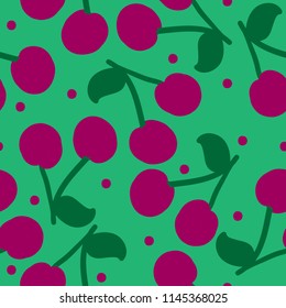 Ripe cherry on a bright green background.Simple seamless pattern.