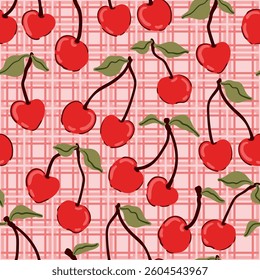 Ripe cherry on line checkered seamless fruit pattern for kitchen decor tablecloths, coquette core