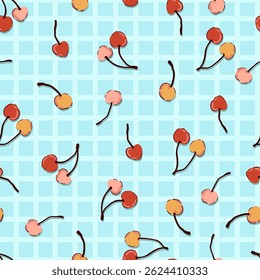 Ripe cherry on line checkered seamless fruit pattern for kitchen decor tablecloths, coquette core