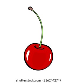 Ripe cherry. One red berries with a leaf close up. Sweet tasty berry for dessert. Healthy food. Vector art illustration isolated on white background. Outline hand drawn style