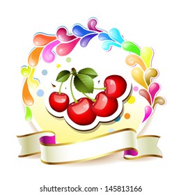Ripe cherry over design background with ribbon 