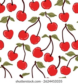 Ripe cherry seamless fruit pattern, red berries, green leaves, flowers texture, coquette core