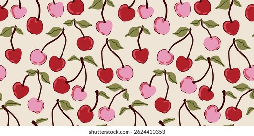 Padrão de frutos sem costura de cereja madura, bagas vermelhas, folhas verdes, textura de flores, núcleo de coquette