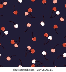 Ripe cherry seamless fruit pattern, red berries, green leaves, flowers texture, coquette core