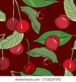 Ripe cherry seamless pattern. Summer berry background with berries. vector illustration, hand-drawing.