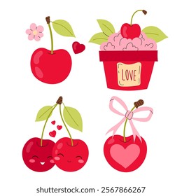 Ripe cherry. Set of elements for stickers, cards, posters, prints for Valentine's Day. Flat vector illustration.